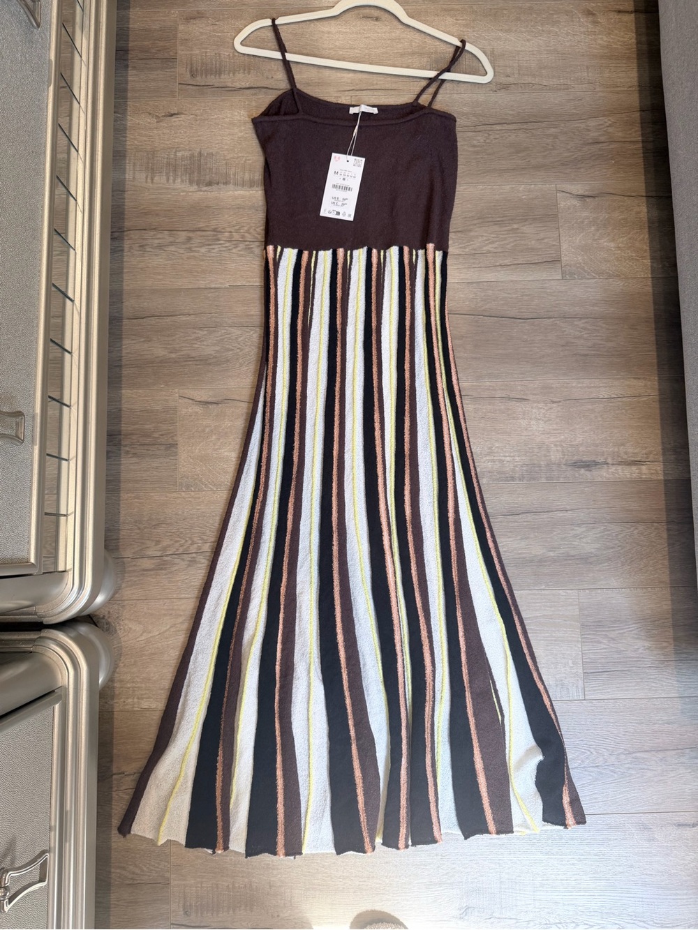 Zara Brown Maxi Dress with Multicolor Vertical Stripes